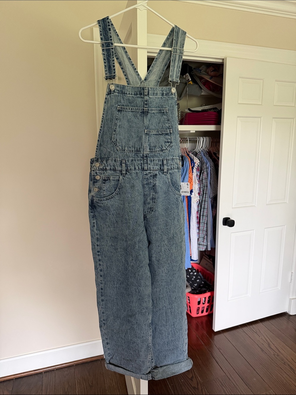 Free People Washed Blue Denim Overalls